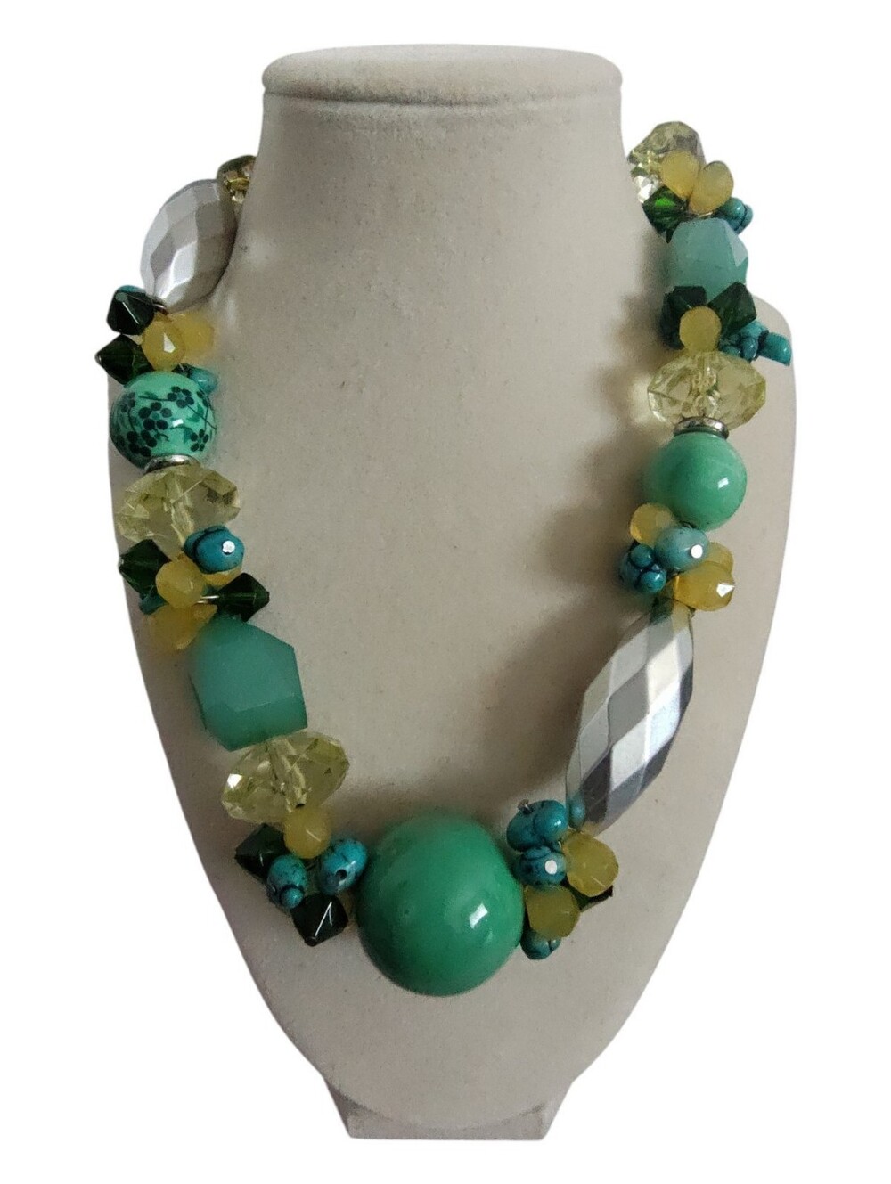 Colorful Teal Green Yellow Beaded Statement Necklace